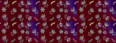 Renkli, mor ve mavi raster çizimi. Bir sürü kırmızı, mor ve mavi soyut çiçekli tropik eskiz deseni. Küçük çiçekte sevimli çiçek deseni var..