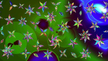 Yeşil renkli bitkilerden oluşan parlak çiçekli çizim deseni.