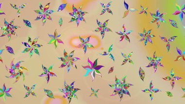 Moda baskıları için zarif bir şablon. Parlak renkli çiçekleri ve bej renkli yaprakları olan harika bir çiçek deseni. Modern çiçek arkaplanı. Halk stili.