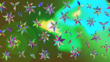 Parlak renkli fantezi çiçekleri, yapraklar, yeşil renkli tomurcuklar. Suluboya el çizimi elementli çiçek çizimi deseni.