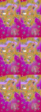 Suluboya elle çizilmiş çiçek desenli eskiz deseni. Parlak renkli fantezi çiçekleri, yapraklar, morumsu mor renkte tomurcuklar..