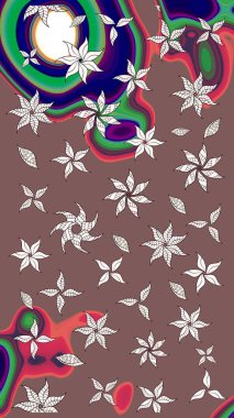 Raster Floral Illustration, Asyalı tekstil. Kahverengi renkli etnik çiçeklerle zarif bir eskiz deseni..