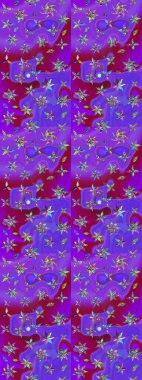 Elle çizilmiş çiçek desenli Raster çizimi. Tekstil, kumaş, ambalaj, hatıra defteri için hoş bir çiçek arkaplanı. Çocuksu tasarım. Menekşe arkaplanda.