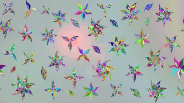 Suluboya elle çizilmiş çiçek desenli eskiz deseni. Parlak renkli fantezi çiçekleri, yapraklar, gri renkli tomurcuklar.