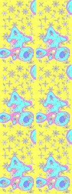 Raster illüstrasyonu. Raster illüstrasyonu. Asya tekstil tarzında. Çiçek desenli çizim. Sarı renkte çiçekler.