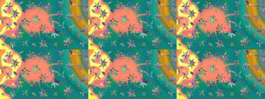 Raster Floral Illustration, Asyalı tekstil. Mavi renkli etnik çiçeklerle zarif eskiz deseni.