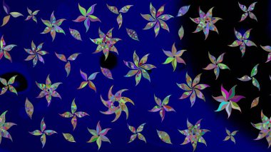 Raster illüstrasyonu. Yaprak ve çiçeklerin suluboya resimleri, mavi renkte çizimler. Yumuşak, bahar çiçekleri mavi renklerde.