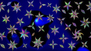 Raster illüstrasyonu. El çizimi çiçekli soyut çizim kalıbı. Mavi renkte çiçekler.