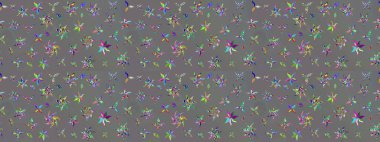 Patlayan çiçekler soyut olarak yerleştirilmiş. Gri renklerde bahar çiçekleri. Raster illüstrasyonu. Raster deseni.