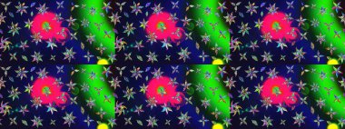 Suluboya elle çizilmiş çiçek desenli eskiz deseni. Parlak renkli fantezi çiçekleri, yapraklar, gri renkli tomurcuklar.