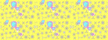 Sarı renkli güzel bir tekstil. Suluboya çiçekli çiçek deseni. Raster illüstrasyonu.