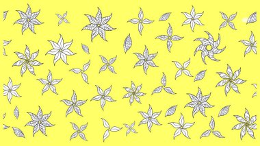 Çocuksu tasarım. Sarı arka planda. Tekstil, kumaş, ambalaj, hatıra defteri için hoş bir çiçek arkaplanı. Elle çizilmiş karalama çiçekleri ile Raster çizim deseni.