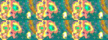 Raster illüstrasyonundaki çiçek desenli çizim. Düz Çiçek Elementleri Tasarımı. Renkli Bahar Teması eskiz kalıbı. Süslü kumaş deseni.