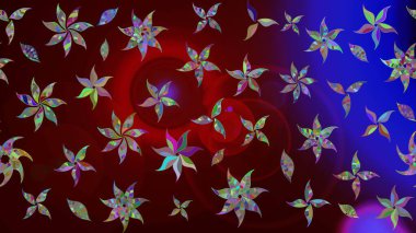 Suluboya elle çizilmiş çiçek desenli eskiz deseni. Parlak renkli fantezi çiçekleri, yapraklar, kahverengi renkli tomurcuklar, kahverengi.