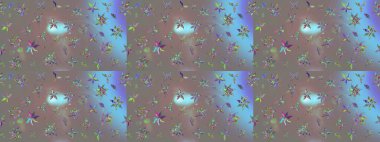 Raster - stok. Yapraklı çiçekler ve kır renkli papatya çiçekleri. Taslak arkaplan deseni.