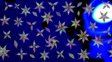 Çok mavi, zarif küçük çiçekler ve mavi renkli komik böcekler, raster desen, illüstrasyon.