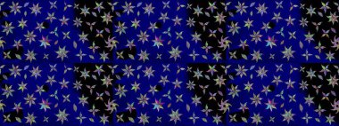 Modern çiçek arkaplanı. Moda baskıları için zarif bir şablon. Parlak renkli çiçekleri ve mavi yaprakları olan harika bir çiçek deseni. Halk stili.