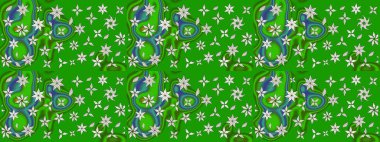 Parlak çiçekli yeşil renkler üzerine soyut çizim deseni. Çiçeksel elementlerle süslenmiş zarif raster dokusu. Küçük çiçekte şirin bir çiçek deseni var..