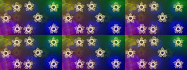 Kar tanelerinin soyut arkaplanlı Noel şablonu. Raster illüstrasyonu. Mavi, yeşil ve mor renkler. Noel ve Yeni Yıl moda baskıları için tatil tasarımı.