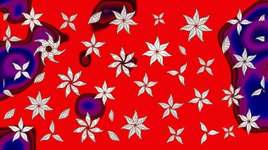 Bir sürü kırmızı ve soyut çiçekli tropik eskiz deseni. Küçük çiçekteki sevimli çiçek deseni. Renkli raster çizimi çizimi.