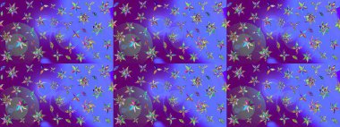 Modern çiçek arkaplanı. Moda baskıları için zarif bir şablon. Parlak renkli çiçekleri ve mor renkli yaprakları olan harika bir çiçek deseni. Halk stili.