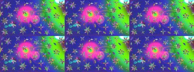 Raster - stok. Yapraklı çiçekler ve mavi renkli papatya çiçekleri. Taslak arkaplan deseni.