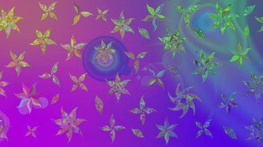 Çok renkli, zarif küçük çiçekler ve mor renkli komik böcekler, raster deseni, illüstrasyon..