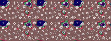 Şirin çiçekli eskiz deseni ve kahverengi renkli yapraklar, suluboya çiçek deseni, duvar kağıdı, kart veya kumaş için fayanslı. Raster illüstrasyonu.