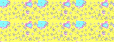 Raster illüstrasyonundaki çiçek desenli çizim. Renkli Bahar Teması eskiz kalıbı. Düz Çiçek Elementleri Tasarımı. Süslü kumaş deseni.