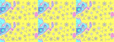 Tekrar eden çiçek arkaplanı, zarif sarı çiçek duvar kağıdı. Sarı renkler üzerine çiçek desenli çizimler, el yapımı papatyalar, papatyalar..