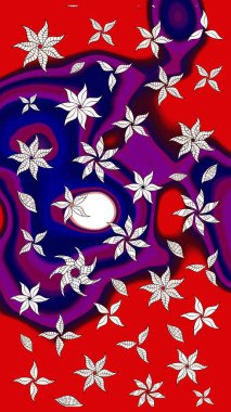 Çiçek desenli çizim. Raster illüstrasyonu. Asya tekstil tarzında. Kırmızı renkte çiçekler. Raster illüstrasyonu.