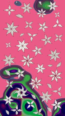 Çiçekli eskiz çizimi. Pembe renkli çiçekler. Renkli Yaz Temalı eskiz kalıbı. Düz Çiçek Elementleri Tasarımı.