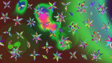 Çok yeşil zarif küçük çiçekler ve yeşil renkli komik böcekler, raster desen, illüstrasyon.