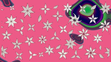 Suluboya elle çizilmiş çiçek desenli eskiz deseni. Parlak renkli fantezi çiçekleri, yapraklar, pembe renkli tomurcuklar.