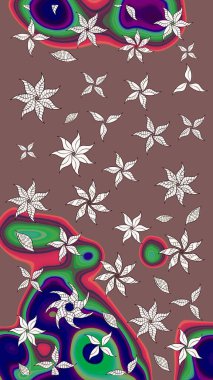 Çiçek ve yapraklı karalama şeklinde Raster çiçek deseni. Raster illüstrasyonu. Yumuşak, bahar çiçekleri kahverengi renklerde.