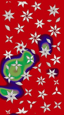 Raster illüstrasyonu. Asya tekstil tarzında. Çiçek desenli çizim. Kırmızı renkte çiçekler. Raster illüstrasyonu.