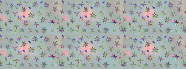 Tekstil, kumaş, ambalaj, hatıra defteri için hoş bir çiçek arkaplanı. Elle çizilmiş çiçek desenli Raster çizimi. Gri arka planda. Çocuksu tasarım.