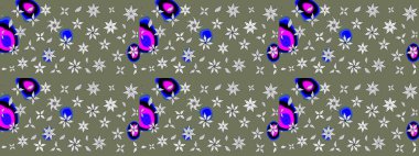 Çiçek desenli çizim. Raster illüstrasyonu. Asya tekstil tarzında. Yeşil renkli çiçekler. Raster illüstrasyonu.