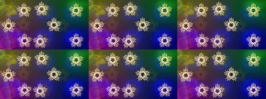 Kar tanelerinin soyut arkaplanlı Noel şablonu. Raster illüstrasyonu. Mavi, yeşil ve mor renkler. Noel ve Yeni Yıl moda baskıları için tatil tasarımı.