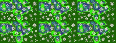 Çiçek ve yapraklı karalama şeklinde Raster çiçek deseni. Yumuşak, yeşil renkli bahar çiçekleri. Raster illüstrasyonu.