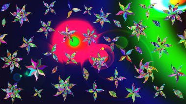 Çok renkli, zarif küçük çiçekler ve gri renkli komik böcekler, raster desen, illüstrasyon.