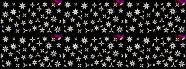 Patlayan çiçekler soyut olarak yerleştirilmiş. Raster deseni. Yumuşak, bahar çiçekleri siyah renklerde. Raster illüstrasyonu.