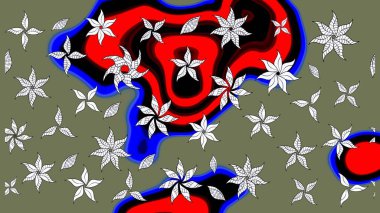 Yeşil yeşile. El çizimi çiçek unsurları olan soyut çizim raster deseni. Çiçekli ipek eşarp. 1950-1960 motifleri. Retro tekstil tasarım koleksiyonu.