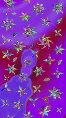 Bahar çiçekleri dallı desen, mor renkler ve çiçek silueti. Raster deseni.