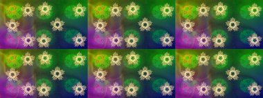 Kar tanelerinin soyut arkaplanlı Noel şablonu. Raster illüstrasyonu. Yeşil, mavi ve mor renkler. Noel ve Yeni Yıl moda baskıları için tatil tasarımı.