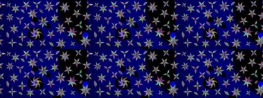 Raster Floral Illustration, Asyalı tekstil. Mavi renkli etnik çiçeklerle zarif eskiz deseni.