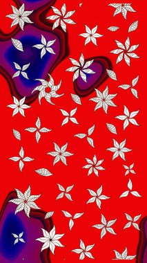 Çiçek desenli çizim. Raster illüstrasyonu. Asya tekstil tarzında. Kırmızı renkte çiçekler. Raster illüstrasyonu.