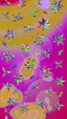 Çok renkli, zarif küçük çiçekler ve sarı renkli komik böcekler, raster desen, illüstrasyon..