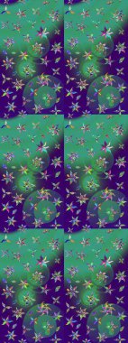 Çok mavi, zarif küçük çiçekler ve mavi renkli komik böcekler, raster desen, illüstrasyon.