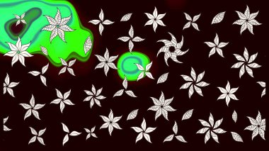 Suluboya elle çizilmiş çiçek desenli eskiz deseni. Parlak renkli fantezi çiçekleri, yapraklar, siyah renkli tomurcuklar.